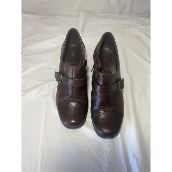 Clarks Bendables Brown Leather Zip Buckle Heel Cap Toe Loafer 80463 Sz 8.5 M - Picture 2 of 13